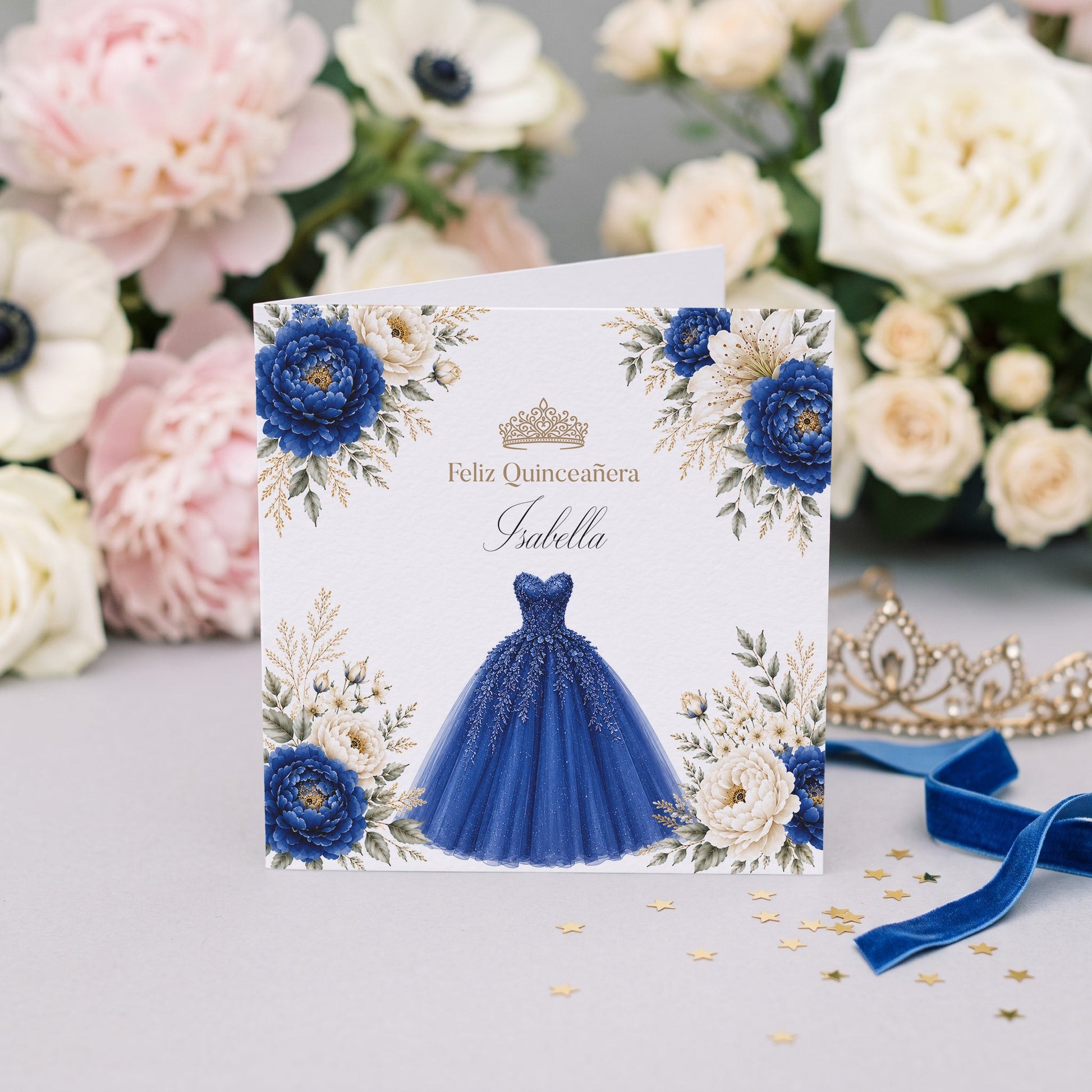 Royal Blue Floral Ball Gown Quinceañera Card - Pretty Gifted