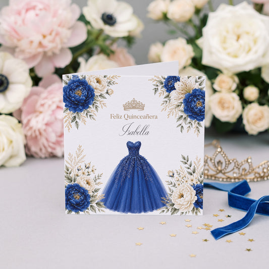 Royal Blue Floral Ball Gown Quinceañera Card - Pretty Gifted