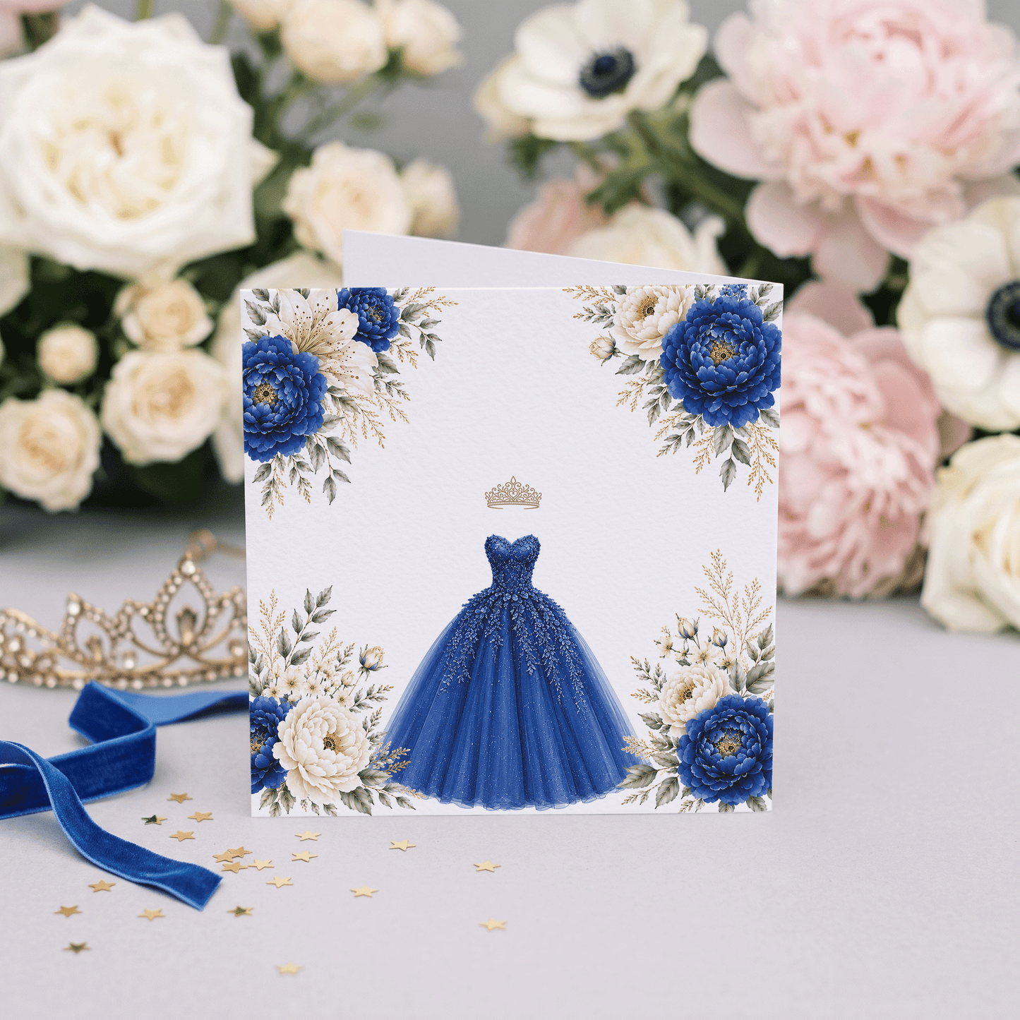 Royal Blue Floral Ball Gown Quinceañera Card - Pretty Gifted