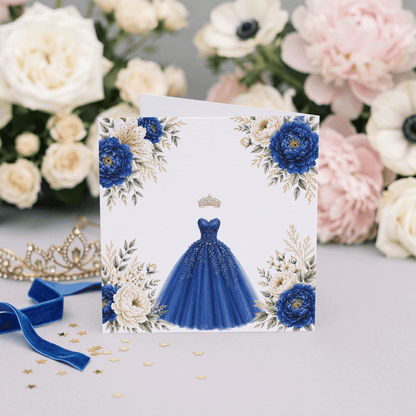 Royal Blue Floral Ball Gown Quinceañera Card - Pretty Gifted