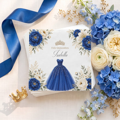 Royal Blue Floral Quinceañera Napkins with Ball Gown - Pretty Gifted