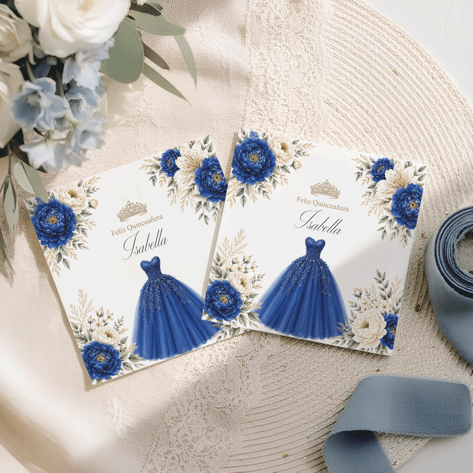 Royal Blue Floral Quinceañera Napkins with Ball Gown - Pretty Gifted