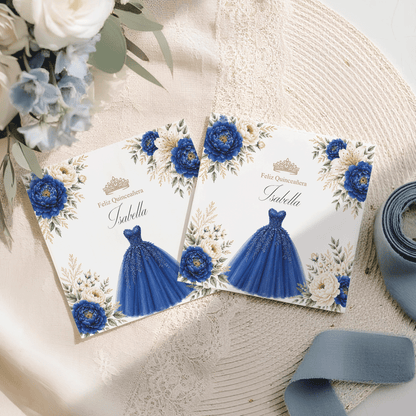 Royal Blue Floral Quinceañera Napkins with Ball Gown - Pretty Gifted