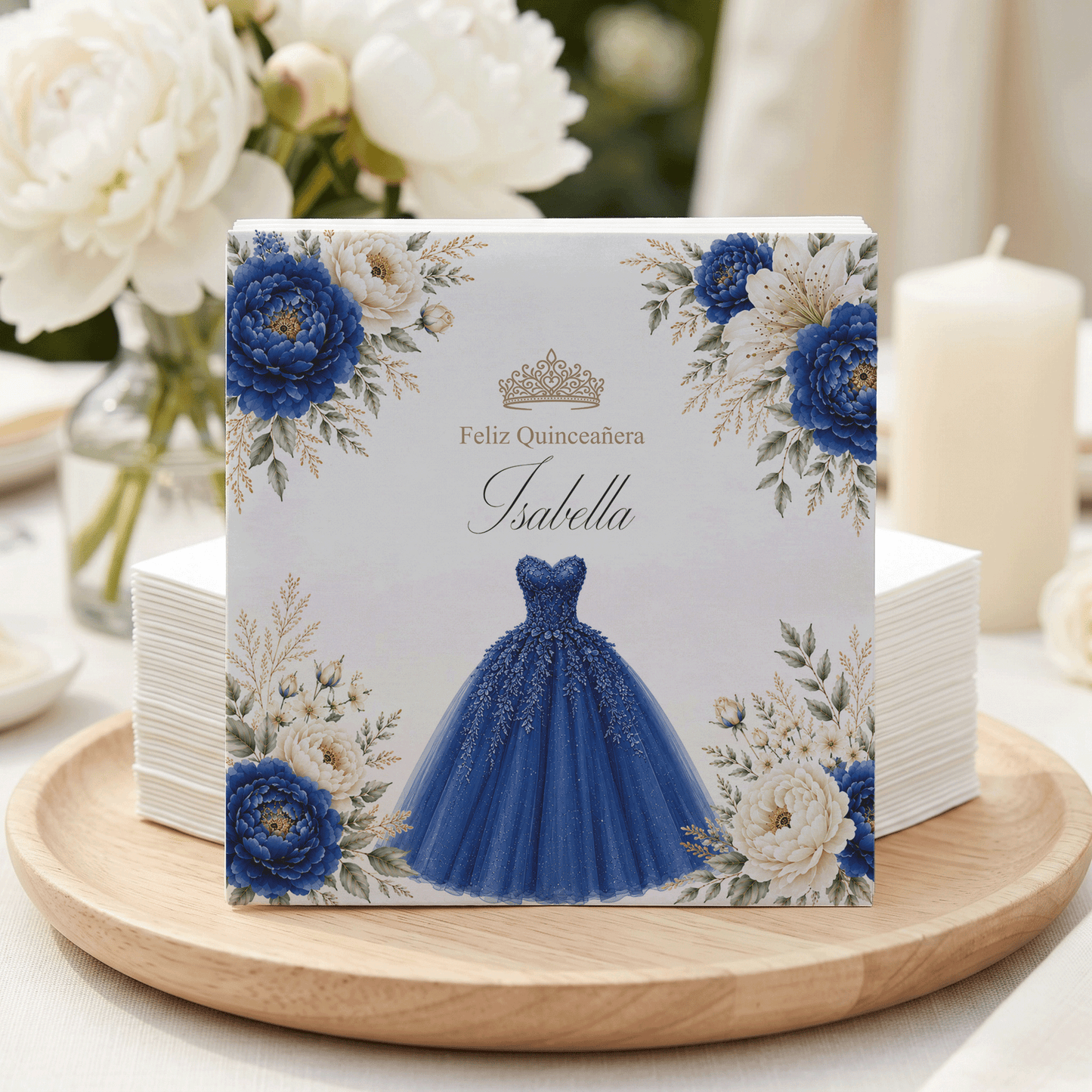 Royal Blue Floral Quinceañera Napkins with Ball Gown - Pretty Gifted