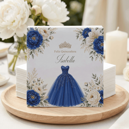 Royal Blue Floral Quinceañera Napkins with Ball Gown - Pretty Gifted