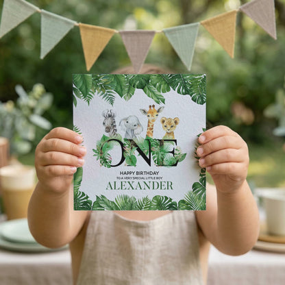 Safari 1st Birthday Card Personalized, Jungle Animals Boy Gift - Pretty Gifted