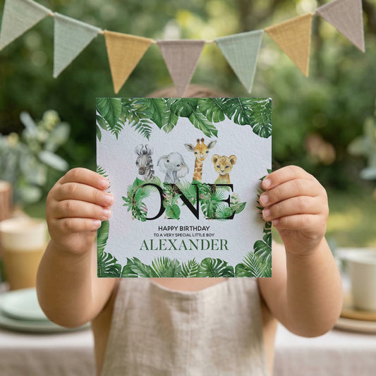 Safari 1st Birthday Card Personalized, Jungle Animals Boy Gift - Pretty Gifted