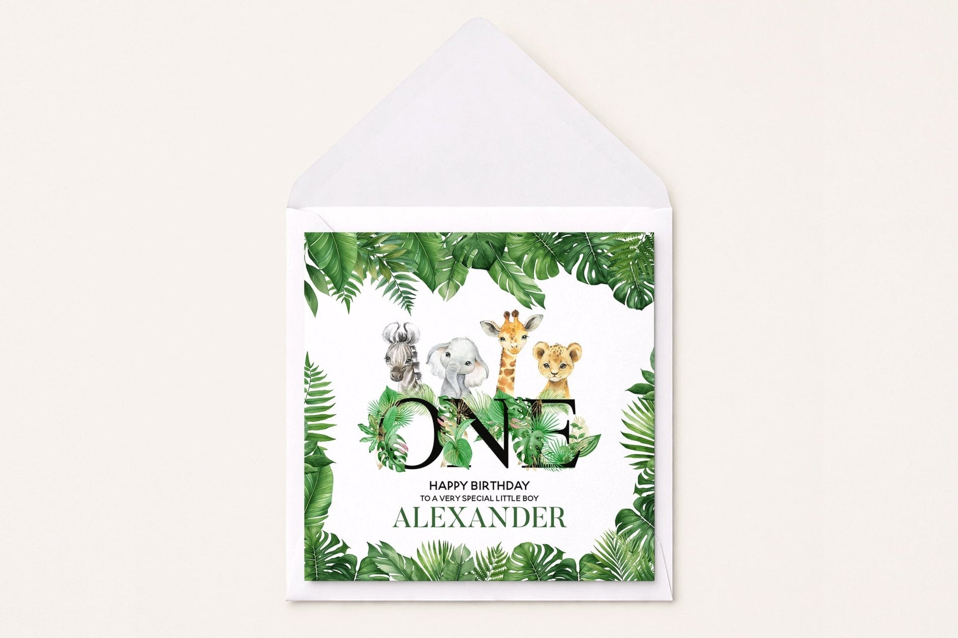 Safari 1st Birthday Card Personalized, Jungle Animals Boy Gift - Pretty Gifted