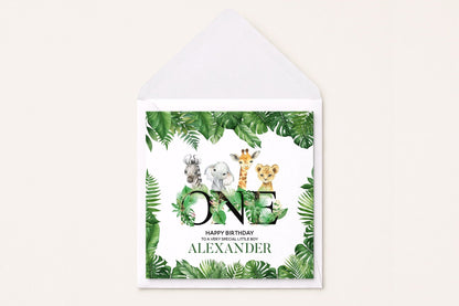 Safari 1st Birthday Card Personalized, Jungle Animals Boy Gift - Pretty Gifted