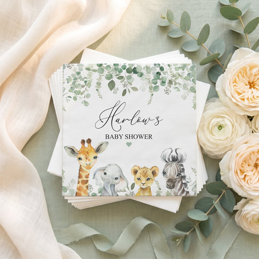 Safari Baby Shower Napkins, Personalized Eucalyptus Greenery - Pretty Gifted