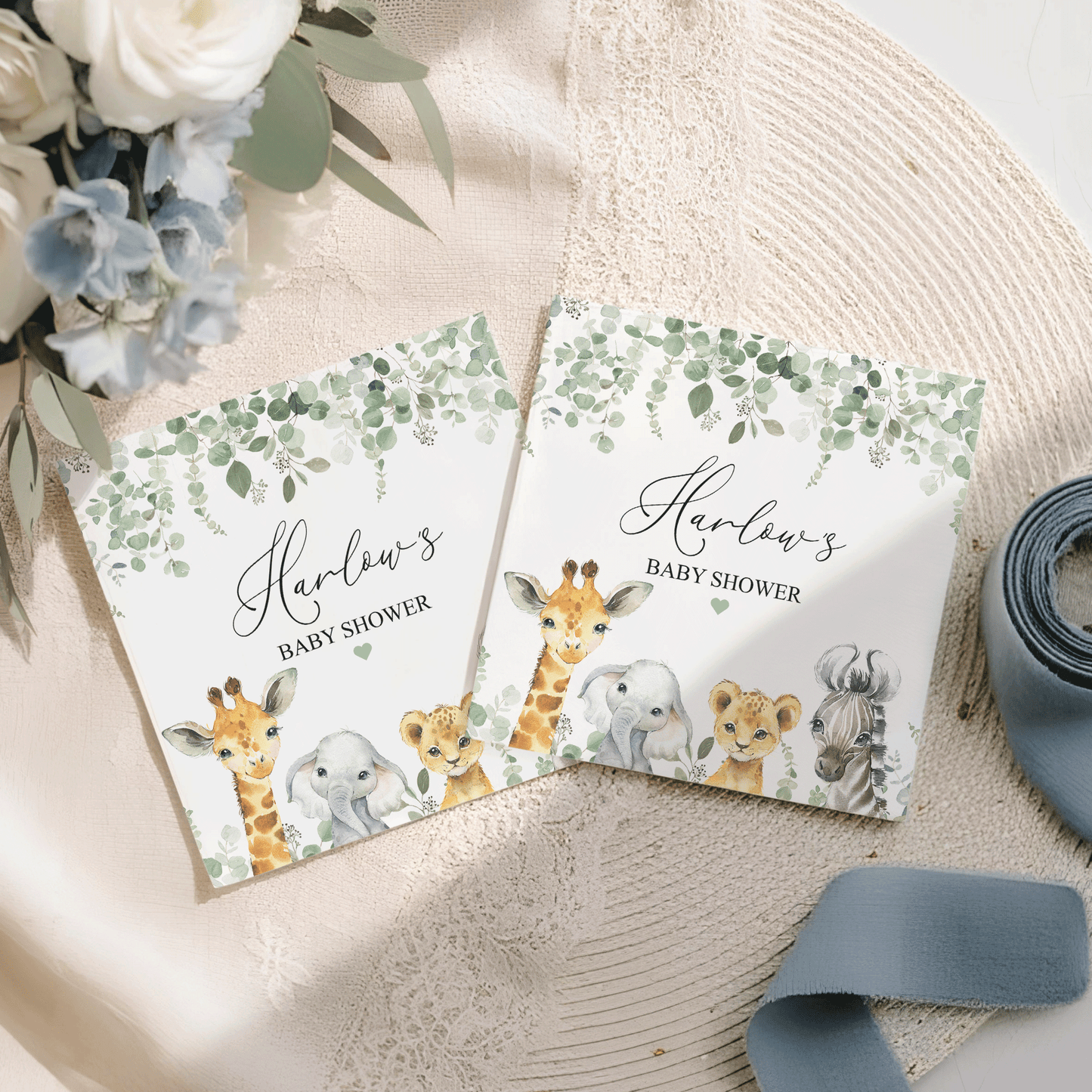 Safari Baby Shower Napkins, Personalized Eucalyptus Greenery - Pretty Gifted