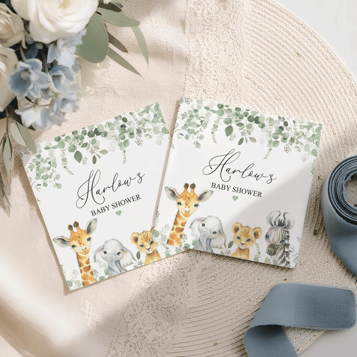 Safari Baby Shower Napkins, Personalized Eucalyptus Greenery - Pretty Gifted