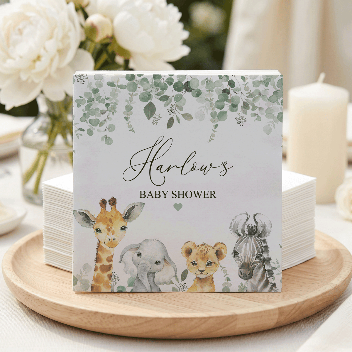 Safari Baby Shower Napkins, Personalized Eucalyptus Greenery - Pretty Gifted