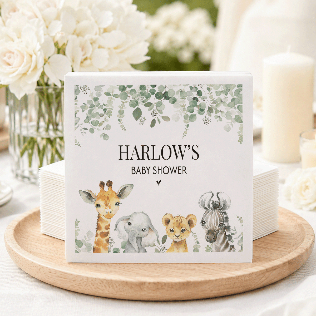 Safari Baby Shower Napkins, Personalized Sage Eucalyptus - Pretty Gifted