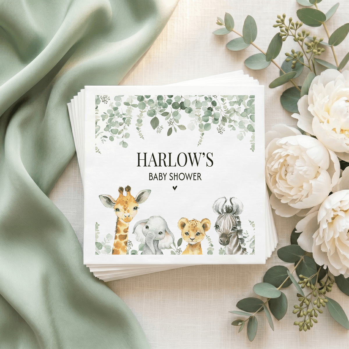 Safari Baby Shower Napkins, Personalized Sage Eucalyptus - Pretty Gifted