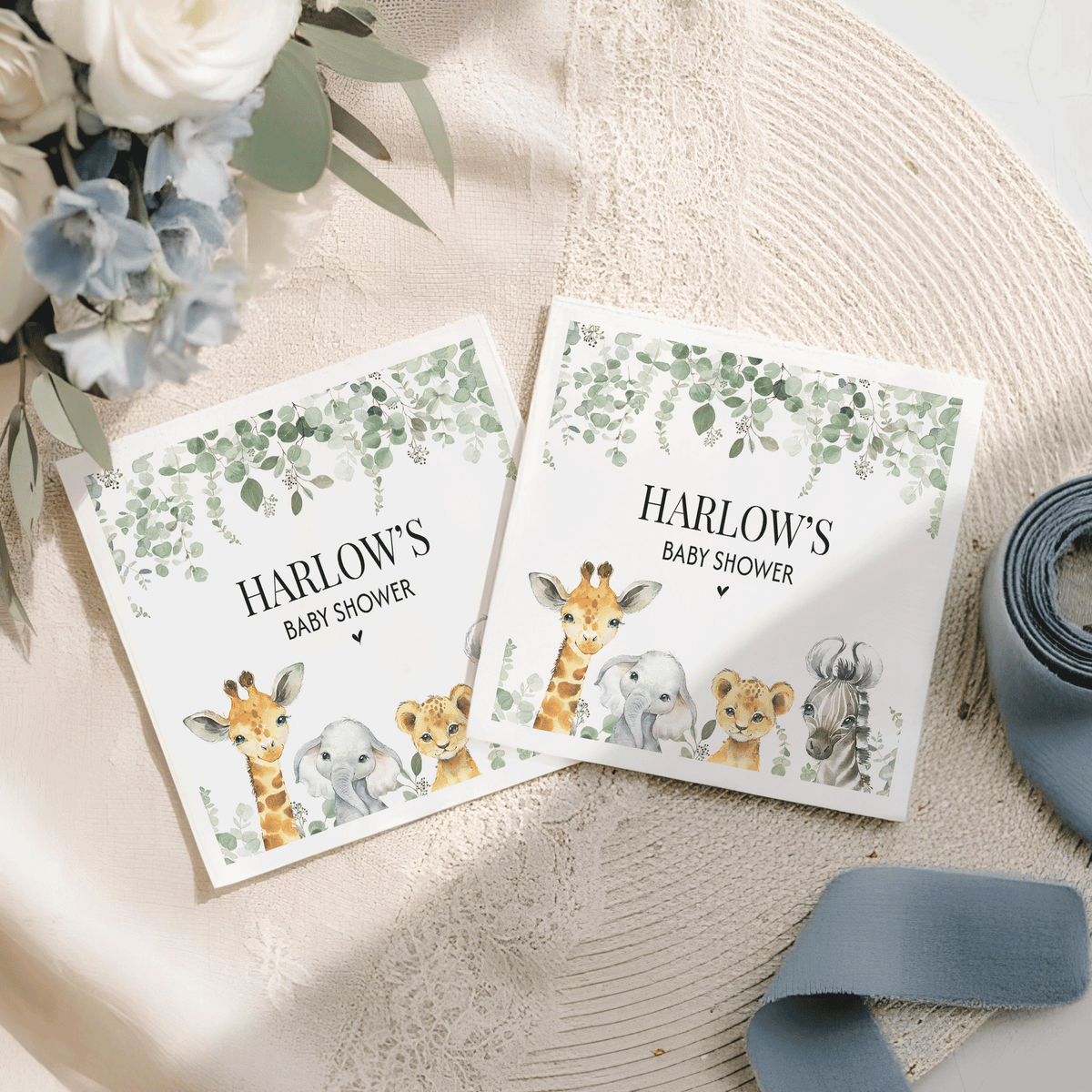 Safari Baby Shower Napkins, Personalized Sage Eucalyptus - Pretty Gifted