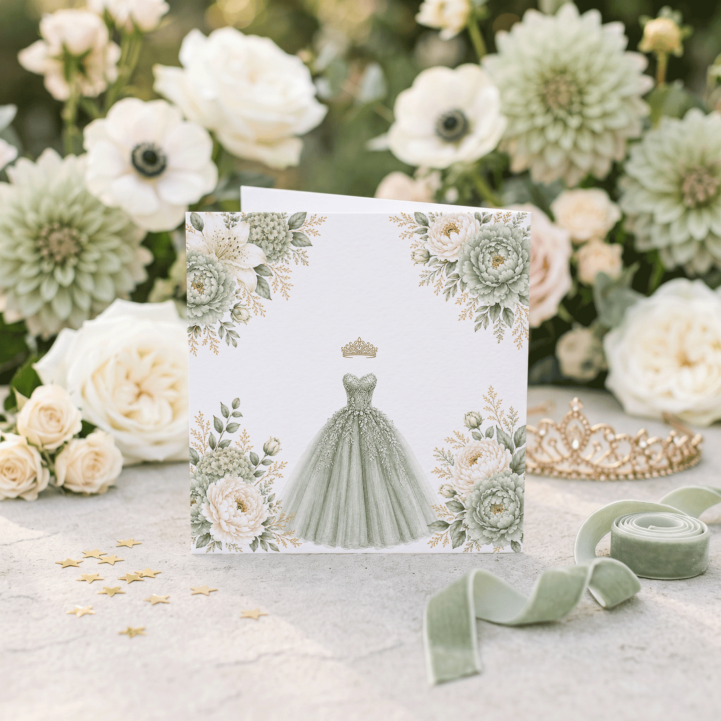 Sage Green Floral Ball Gown Quinceañera Card - Pretty Gifted