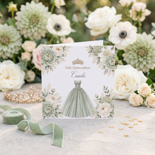 Sage Green Floral Ball Gown Quinceañera Card - Pretty Gifted