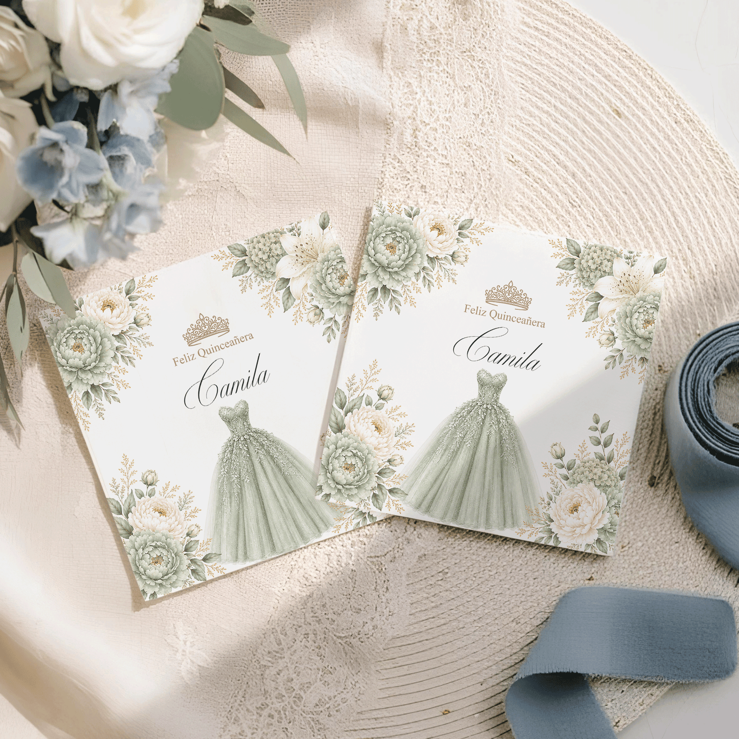 Sage Green Quinceañera Napkins with Floral Ball Gown - Pretty Gifted