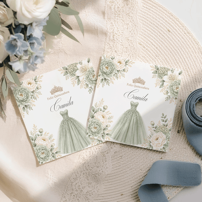 Sage Green Quinceañera Napkins with Floral Ball Gown - Pretty Gifted