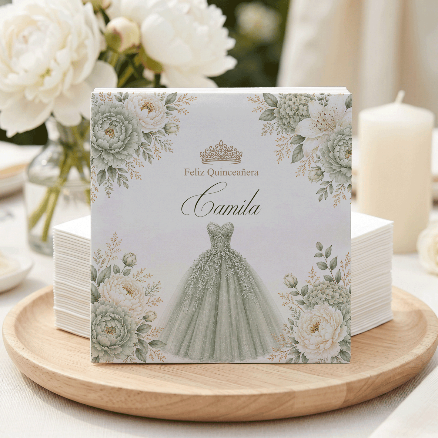 Sage Green Quinceañera Napkins with Floral Ball Gown - Pretty Gifted