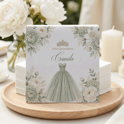 Sage Green Quinceañera Napkins with Floral Ball Gown - Pretty Gifted