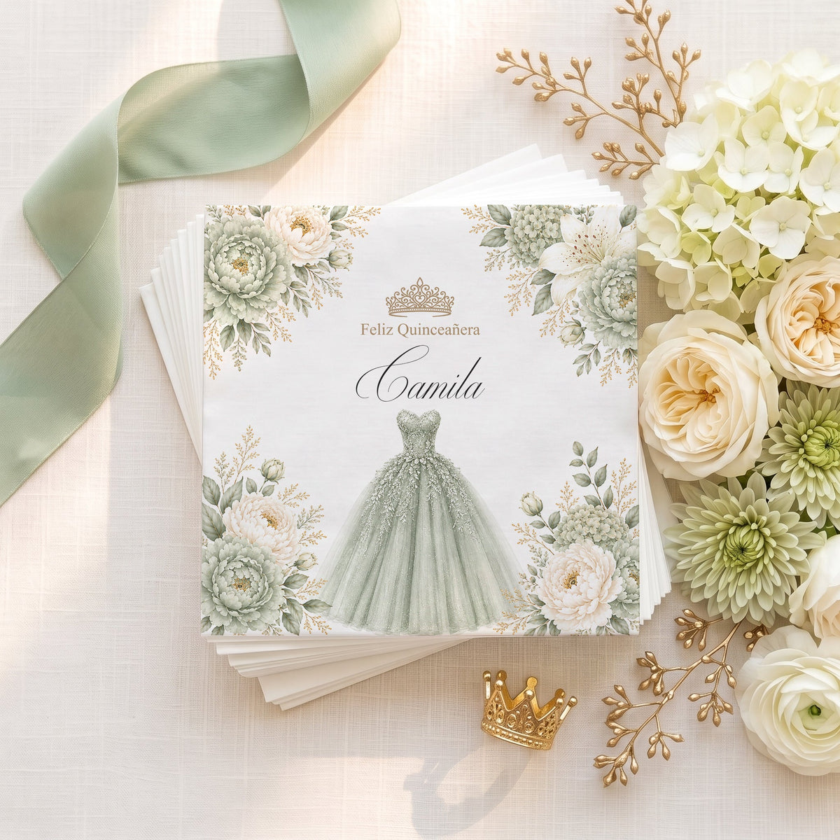 Sage Green Quinceañera Napkins with Floral Ball Gown - Pretty Gifted