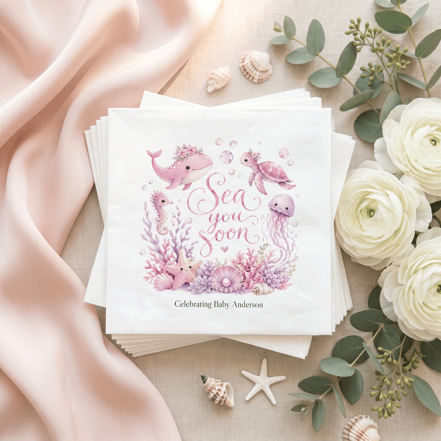 Sea You Soon Baby Shower Napkins Girl, Pink Ocean Personalized - Pretty Gifted