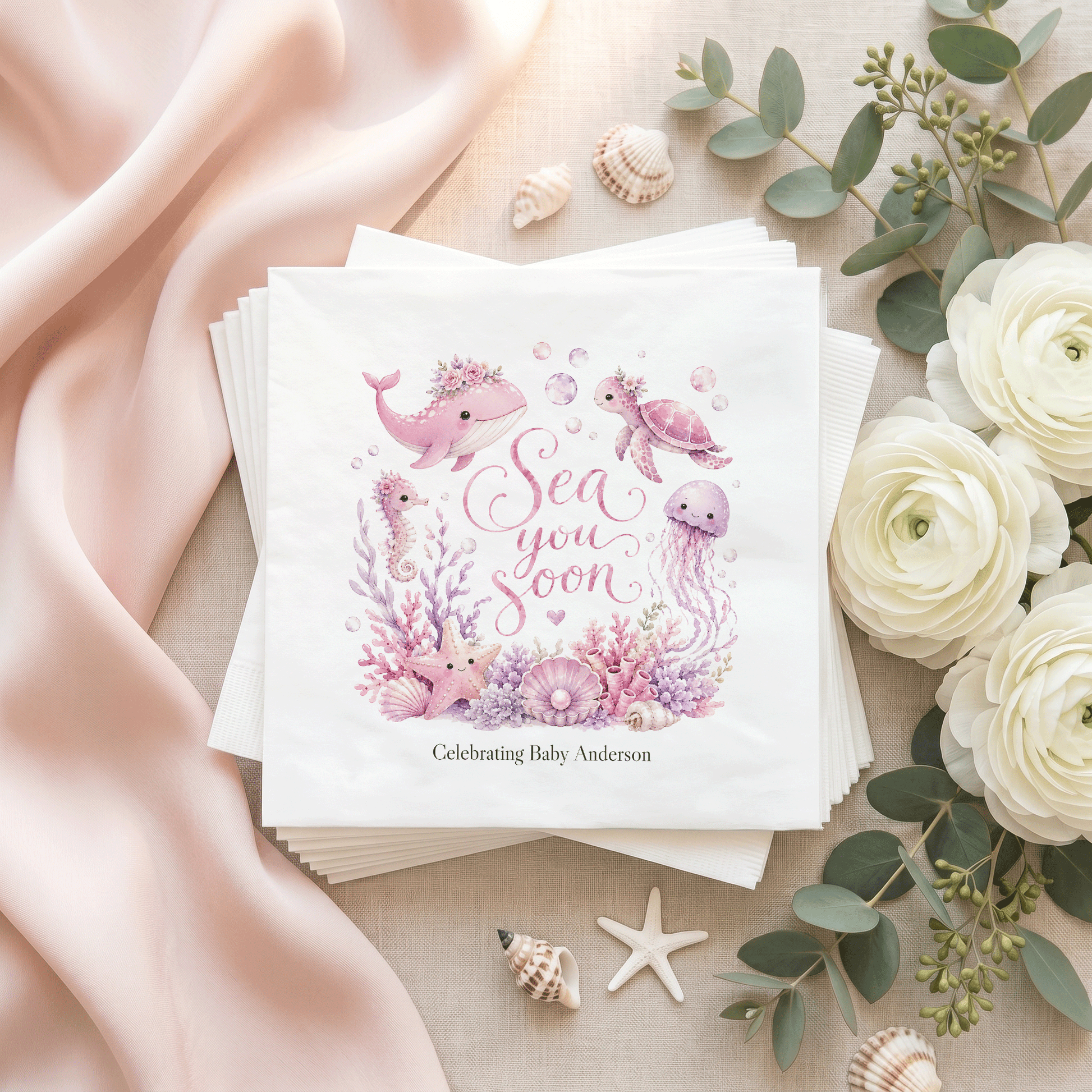 Sea You Soon Baby Shower Napkins Girl, Pink Ocean Personalized - Pretty Gifted