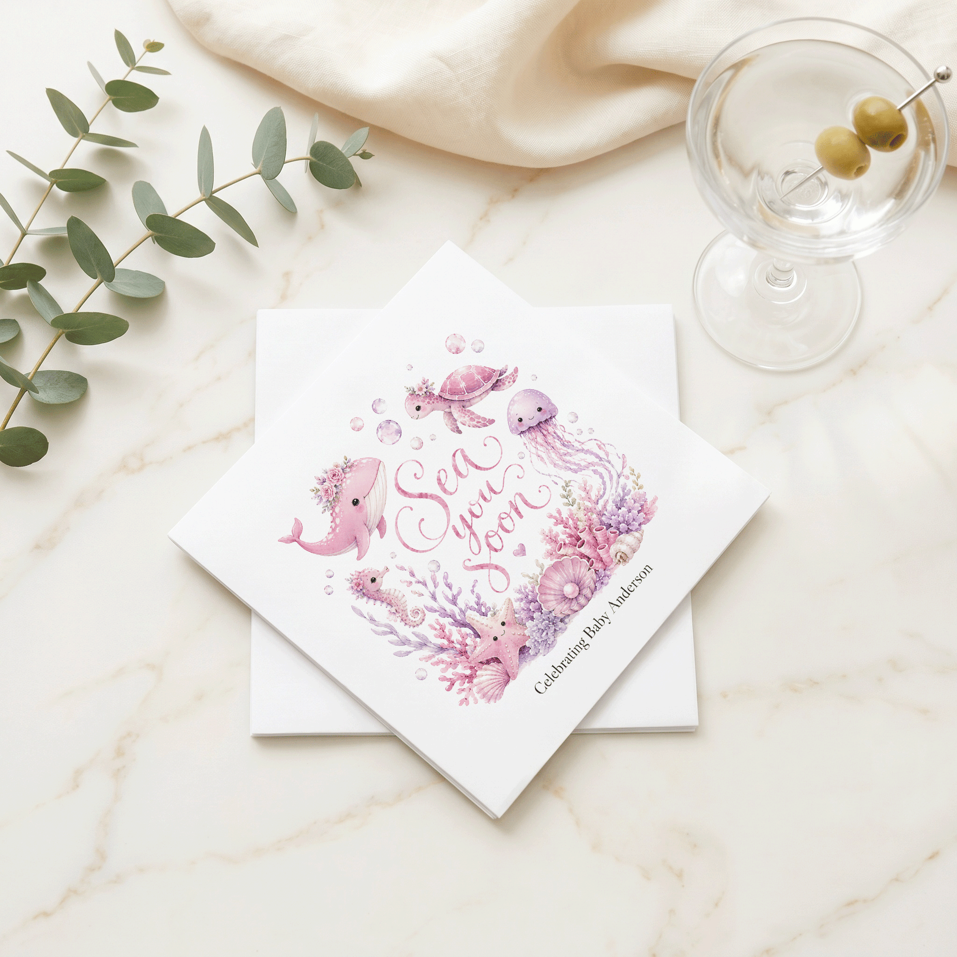 Sea You Soon Baby Shower Napkins Girl, Pink Ocean Personalized - Pretty Gifted