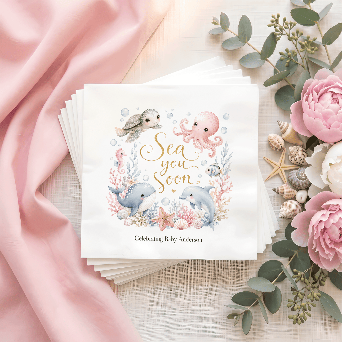 Sea You Soon Baby Shower Napkins, Personalized Ocean Theme - Pretty Gifted