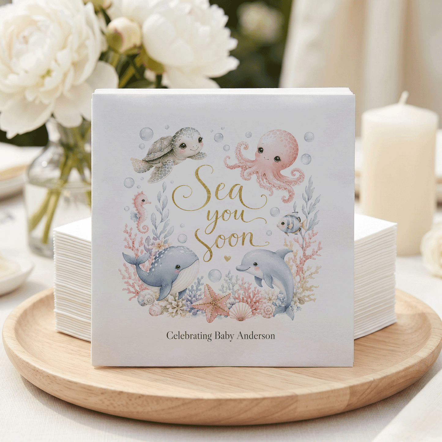 Sea You Soon Baby Shower Napkins, Personalized Ocean Theme - Pretty Gifted
