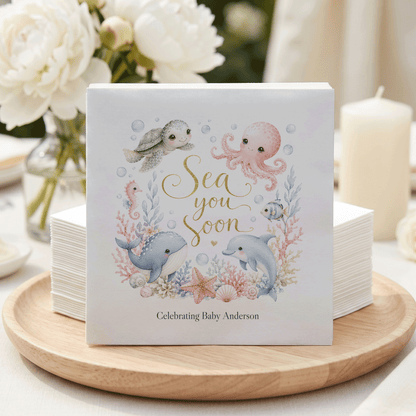 Sea You Soon Baby Shower Napkins, Personalized Ocean Theme - Pretty Gifted