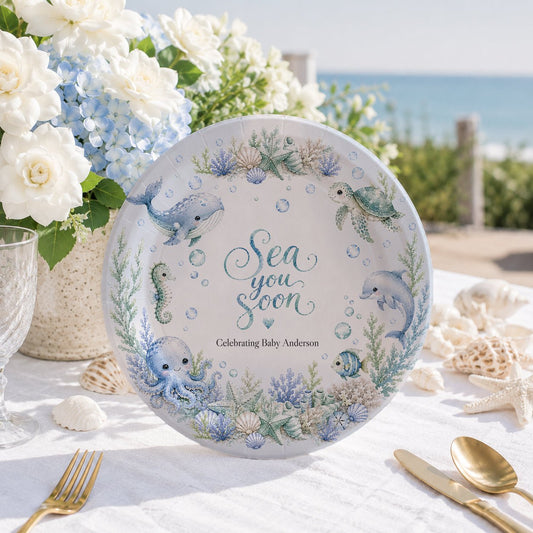 Sea You Soon Baby Shower Plates, Under the Sea, Personalized - Pretty Gifted