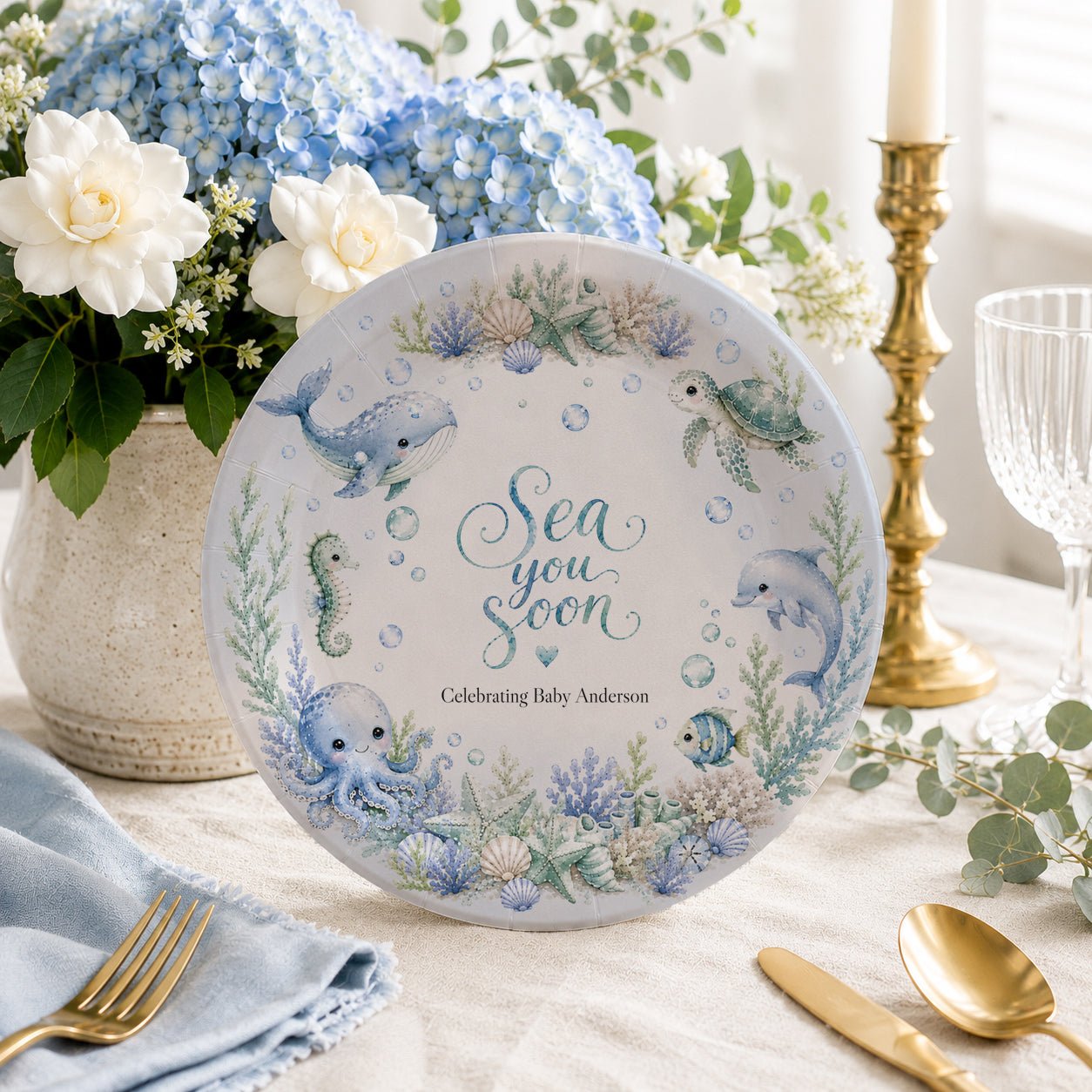 Sea You Soon Baby Shower Plates, Under the Sea, Personalized - Pretty Gifted