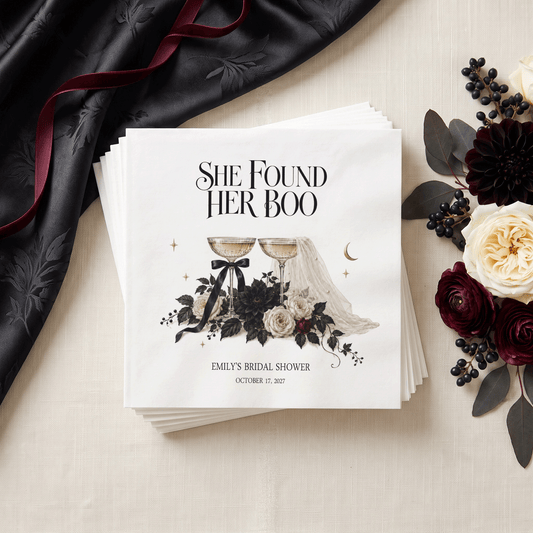 She Found Her Boo Bridal Shower Napkins, Black Florals - Pretty Gifted