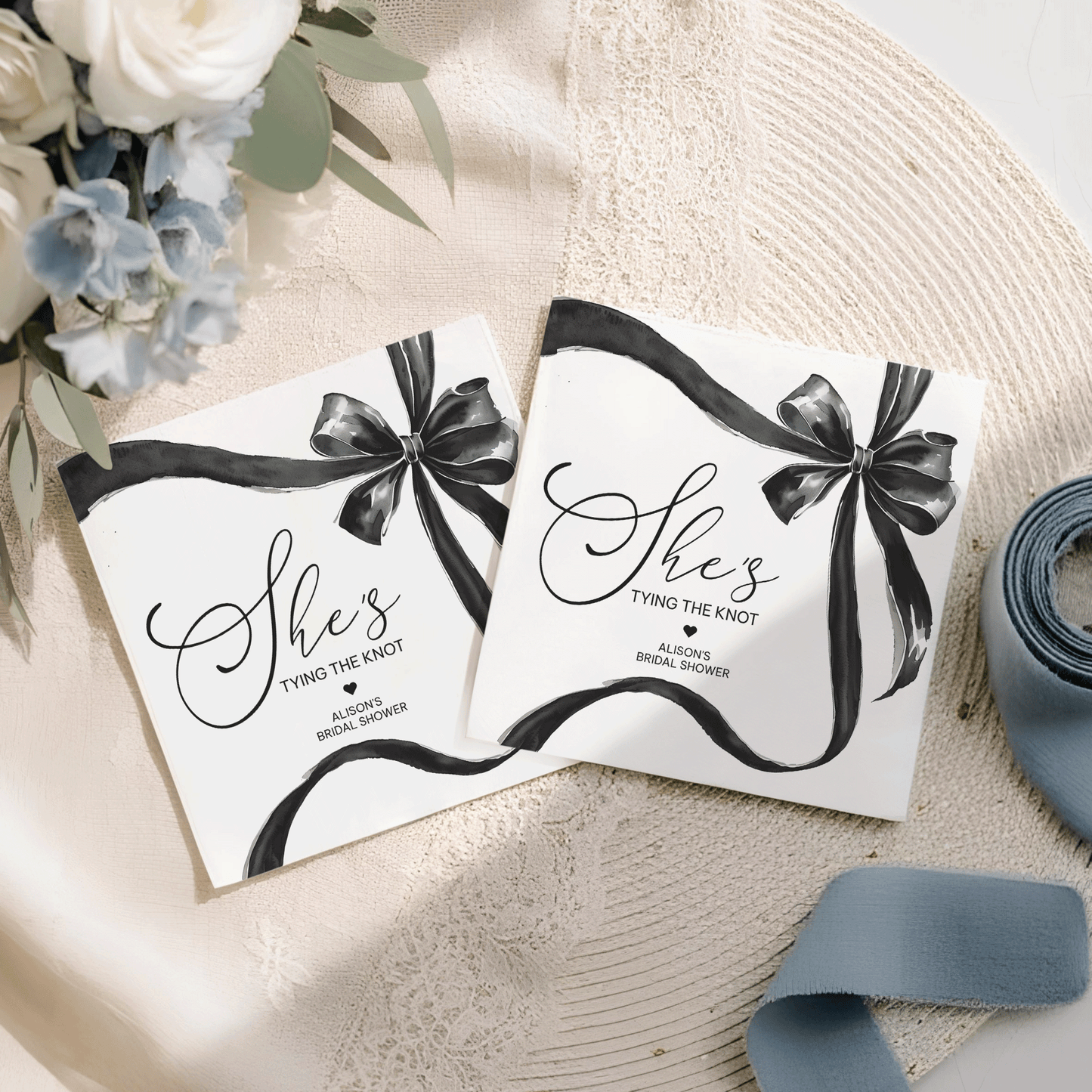 She's Tying the Knot Bridal Shower Napkins, Black Bow, Personalized - Pretty Gifted