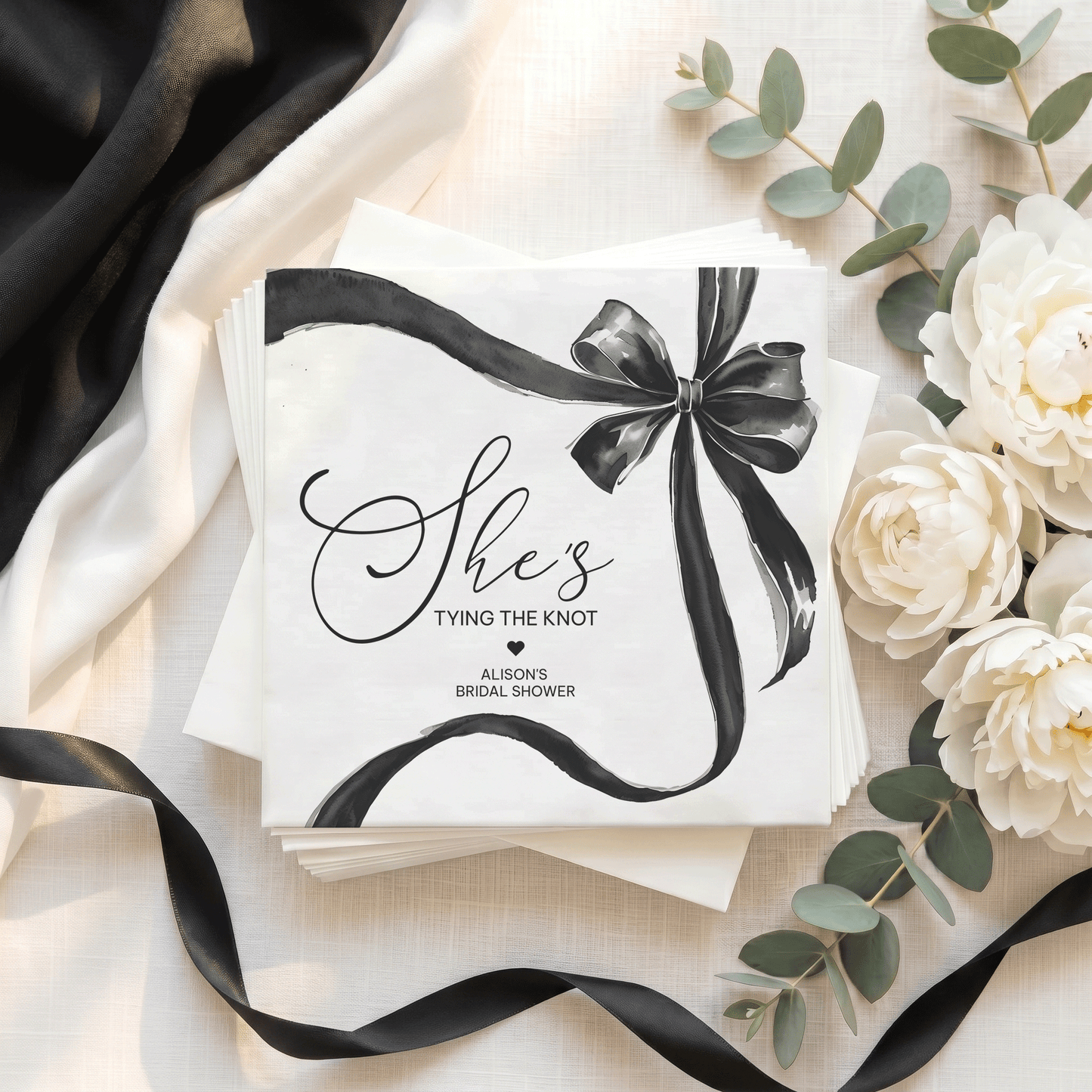She's Tying the Knot Bridal Shower Napkins, Black Bow, Personalized - Pretty Gifted