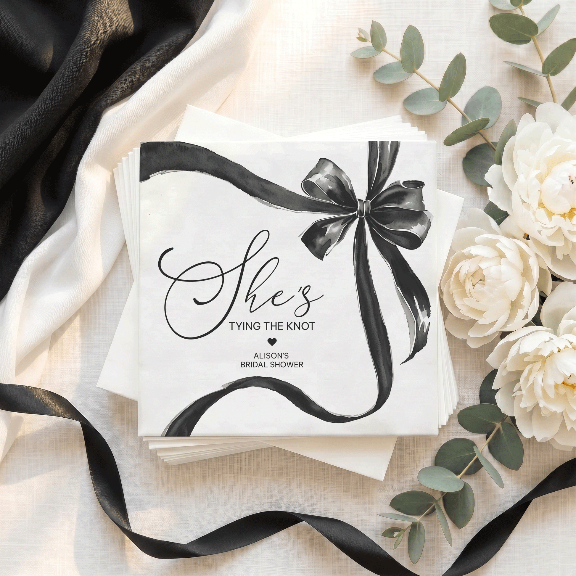 She's Tying the Knot Bridal Shower Napkins, Black Bow, Personalized - Pretty Gifted