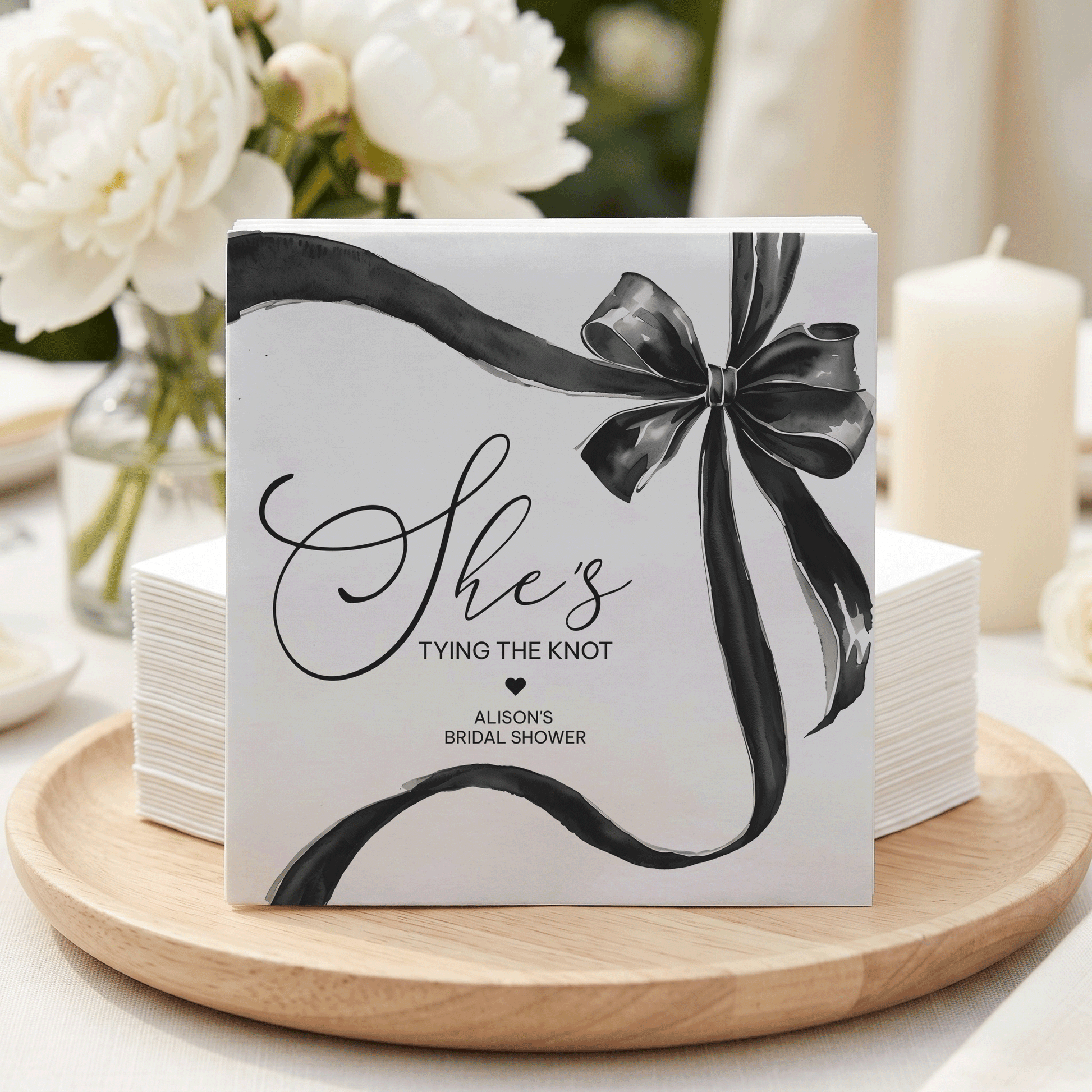 She's Tying the Knot Bridal Shower Napkins, Black Bow, Personalized - Pretty Gifted