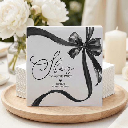 She's Tying the Knot Bridal Shower Napkins, Black Bow, Personalized - Pretty Gifted