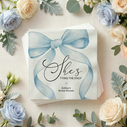 She's Tying the Knot Bridal Shower Napkins, Blue Bow Personalized - Pretty Gifted