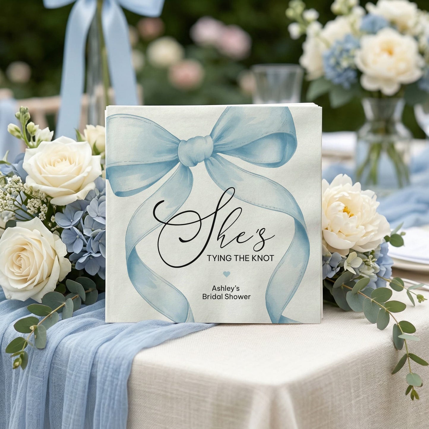 She's Tying the Knot Bridal Shower Napkins, Blue Bow Personalized - Pretty Gifted