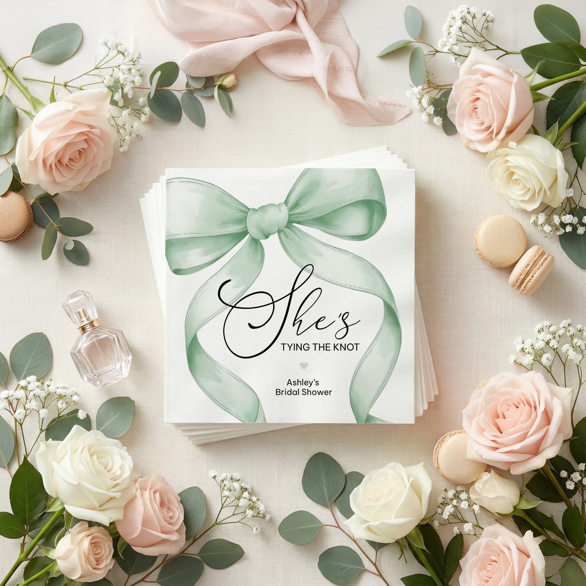 She's Tying the Knot Bridal Shower Napkins, Sage Green Bow Party - Pretty Gifted