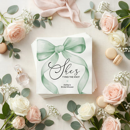 She's Tying the Knot Bridal Shower Napkins, Sage Green Bow Party - Pretty Gifted