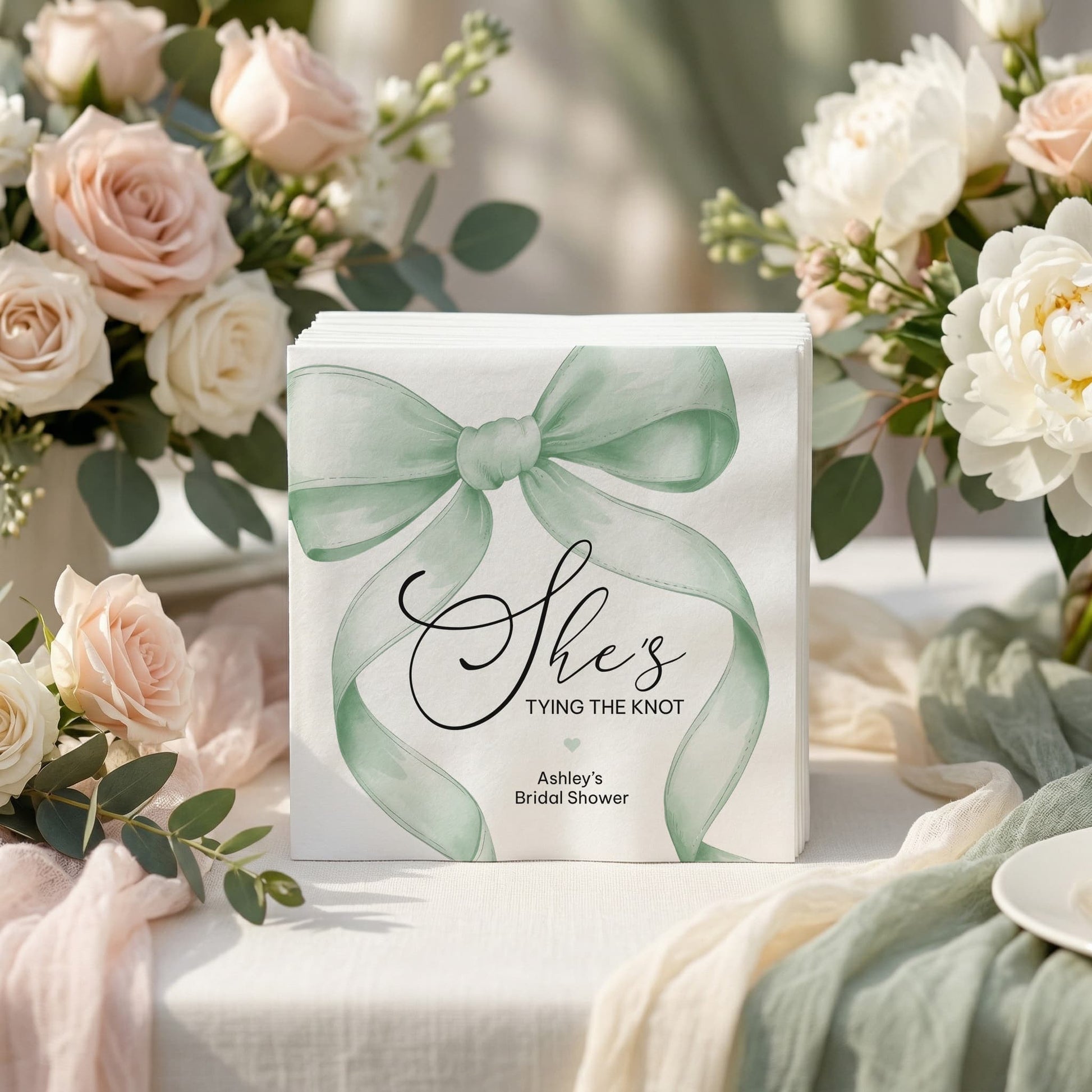 She's Tying the Knot Bridal Shower Napkins, Sage Green Bow Party - Pretty Gifted