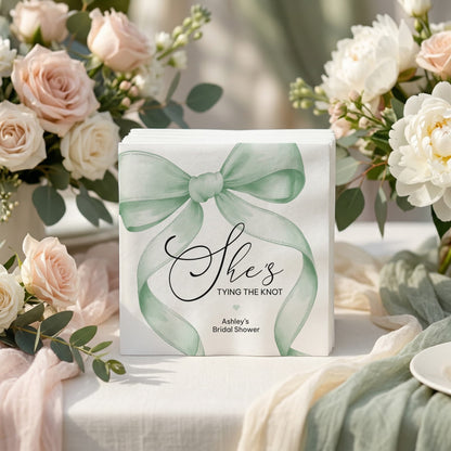 She's Tying the Knot Bridal Shower Napkins, Sage Green Bow Party - Pretty Gifted