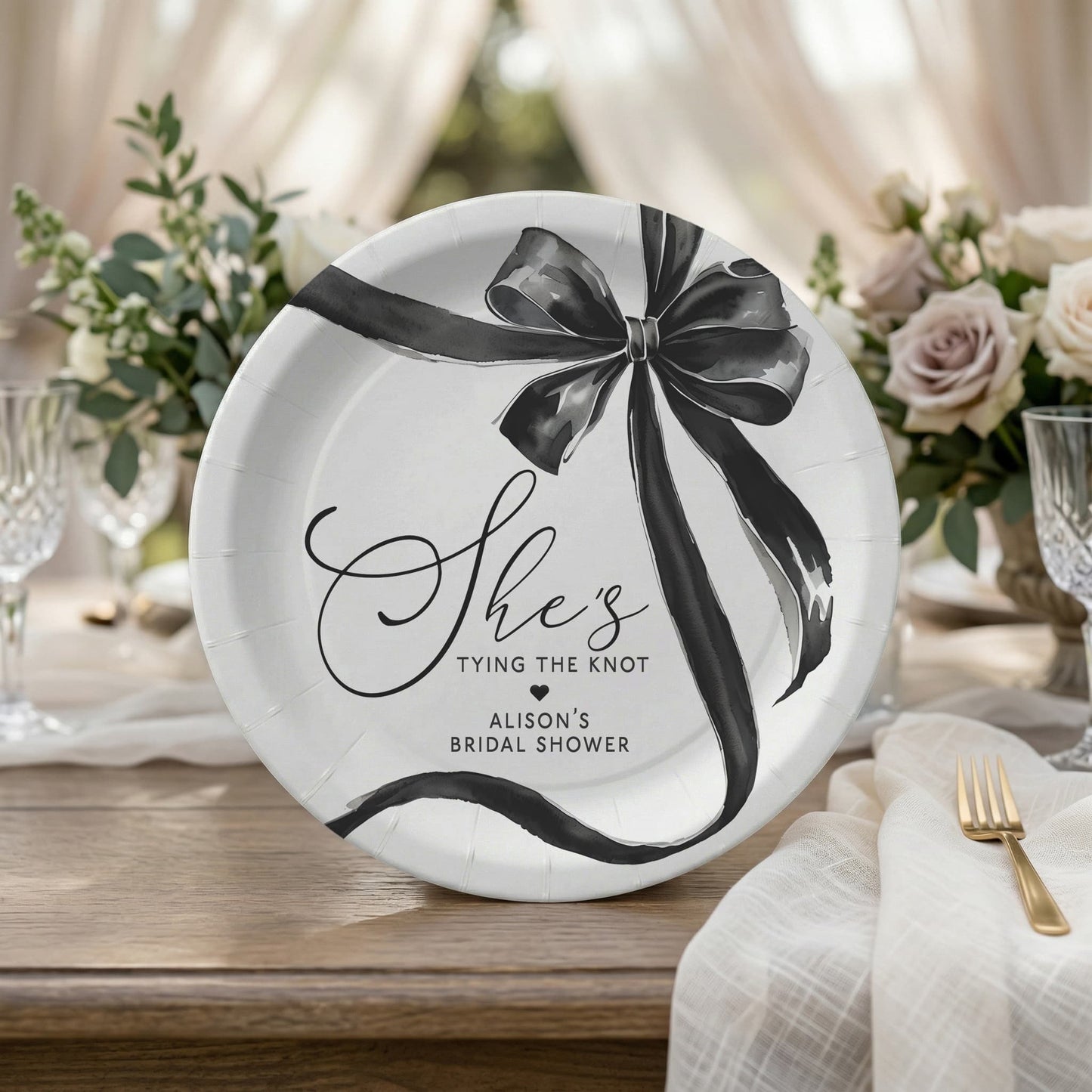 She's Tying the Knot Bridal Shower Plates, Black Bow Personalized - Pretty Gifted