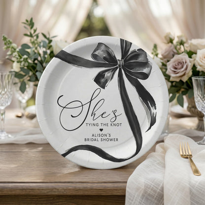 She's Tying the Knot Bridal Shower Plates, Black Bow Personalized - Pretty Gifted