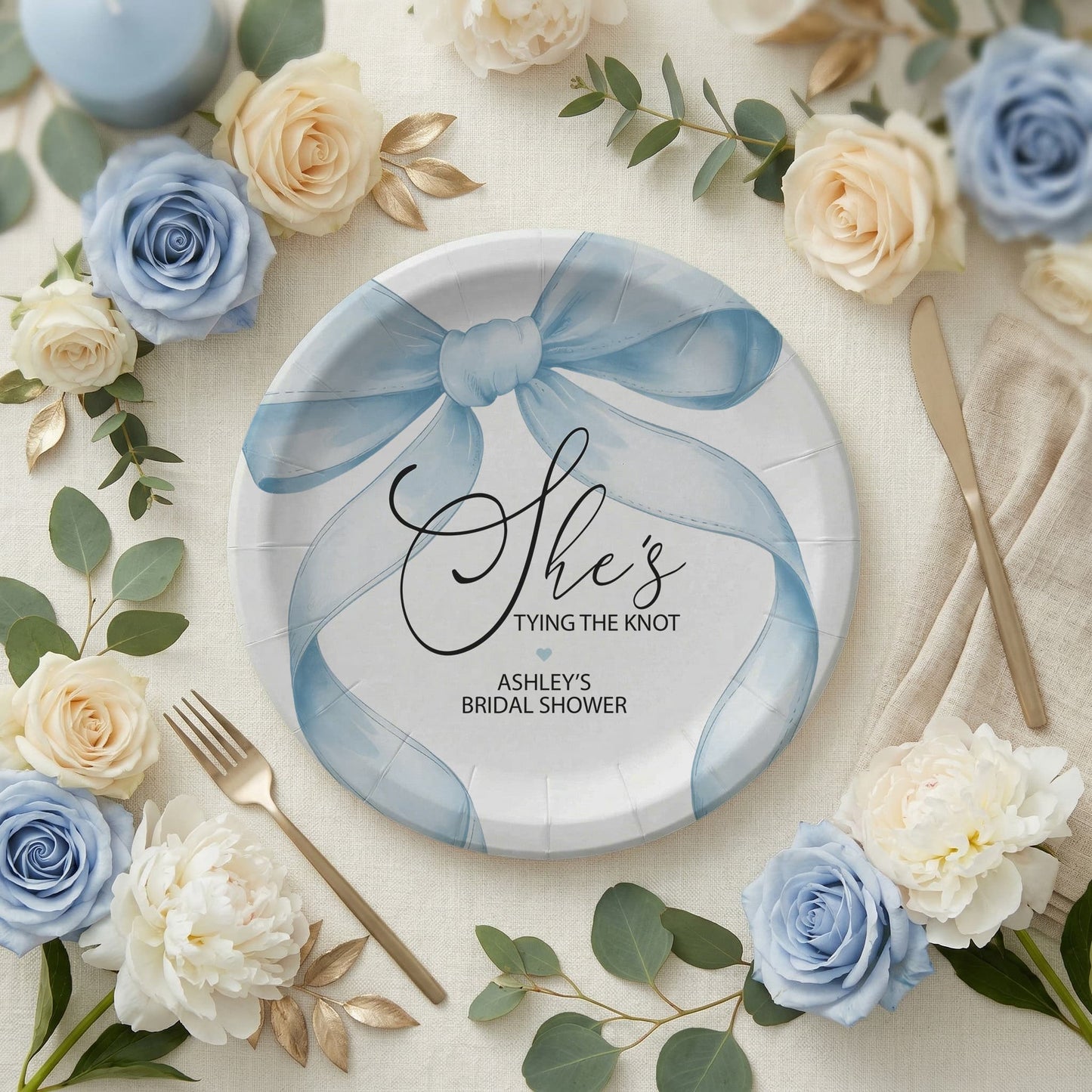 She's Tying the Knot Bridal Shower Plates, Blue Bow Personalized - Pretty Gifted